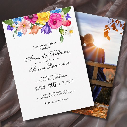 Elegant Bold Colorful Watercolor Floral wedding 招待状