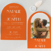 Elegant Bold Orange Retro Photo Arched Wedding 招待状