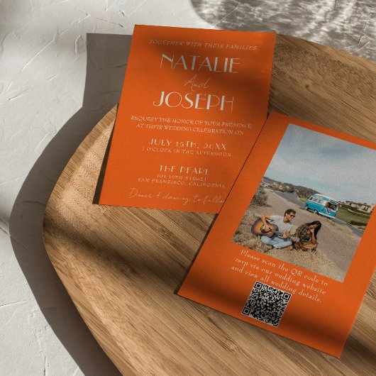 Elegant Bold Orange Stylish Photo QR Code Wedding 招待状