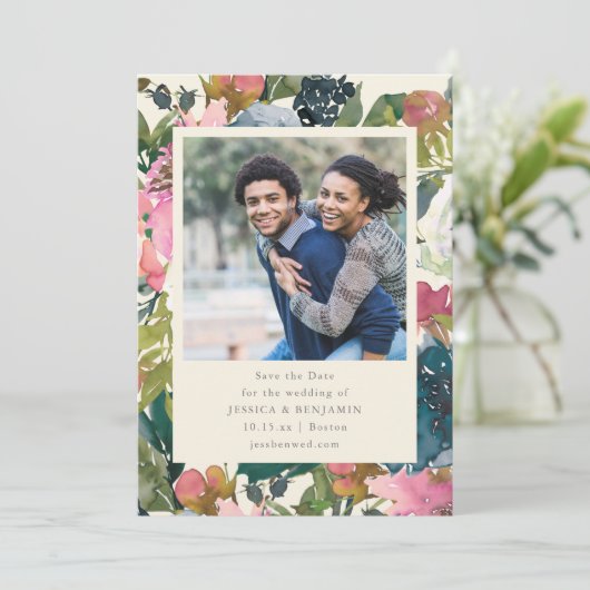 Elegant Bold Watercolor Floral Photo Wedding  セーブザデート (スタンド正面)