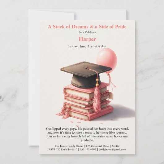 Elegant Book Lover Graduation Brunch Invitation 招待状 (正面)