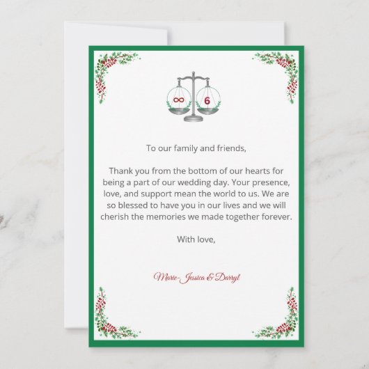Elegant Bordeaux Emerald Floral Wedding Thank You 招待状 (裏面)