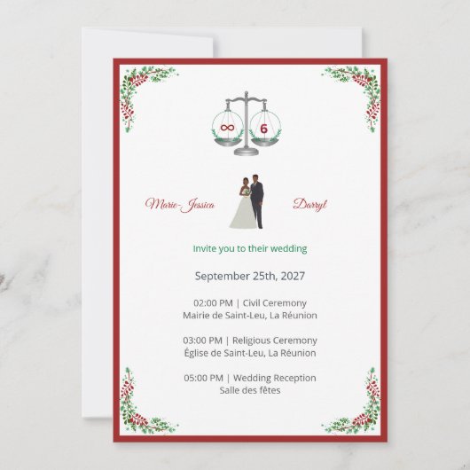 Elegant Bordeaux Emerald Scale Wedding Invitation 招待状 (正面)