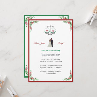 Elegant Bordeaux Emerald Scale Wedding Invitation 招待状