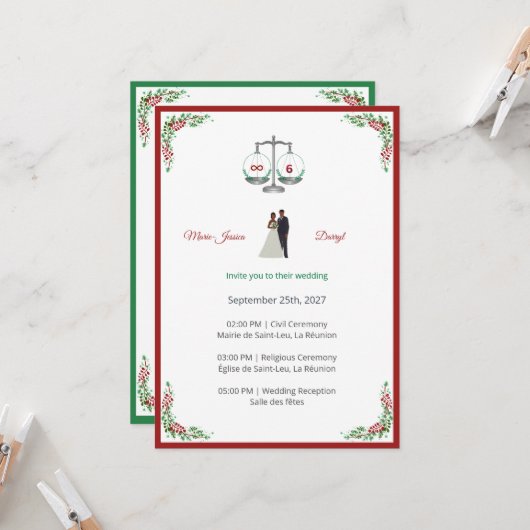 Elegant Bordeaux Emerald Scale Wedding Invitation 招待状 (正面/裏面インサイチュ)