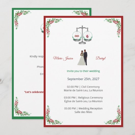 Elegant Bordeaux Emerald Scale Wedding Invitation 招待状 (正面/裏面)