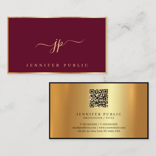 Elegant Bordeaux & Gold Typography Script Monogram 名刺 (正面/裏面)