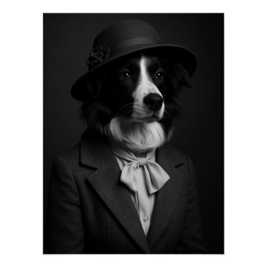 Elegant Border Collie in Cloche Hat & Bow ポスター (正面)