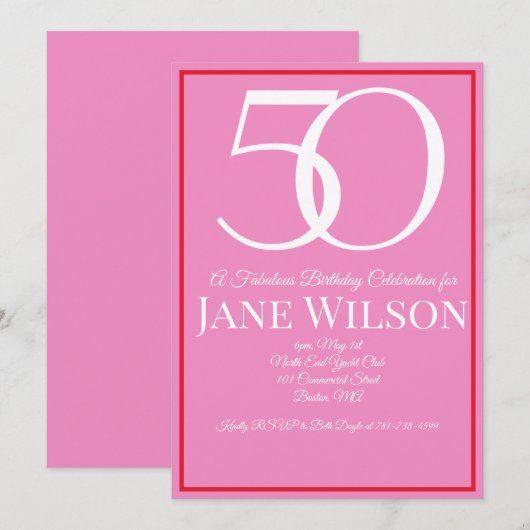 Elegant Border Script Pink 50th Birthday Party  招待状 (正面/裏面)