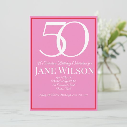 Elegant Border Script Pink 50th Birthday Party  招待状 (スタンド正面)