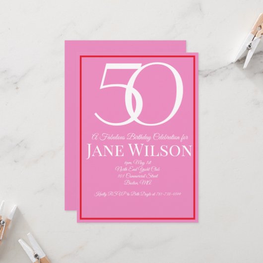 Elegant Border Script Pink 50th Birthday Party  招待状 (正面/裏面インサイチュ)
