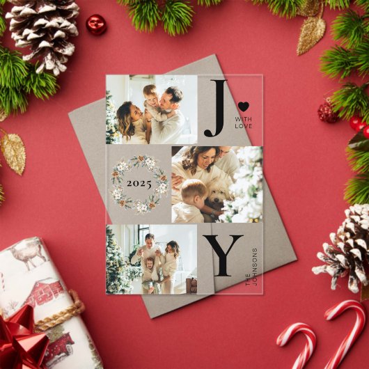 Elegant Botanica Photo Collage Joy Christmas Card アクリル招待状 (インサイチュ (クリスマス))