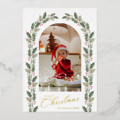 Elegant Botanical Arch 1 Photo Merry Christmas 箔シーズンカード (正面)