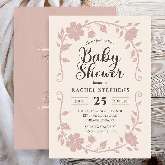 Elegant Botanical Baby Shower Blush Invitation 招待状