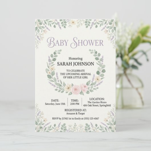 Elegant Botanical Baby Shower Invitation | Soft Fl 招待状 (スタンド正面)