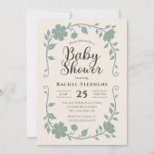 Elegant Botanical Baby Shower Neutral Sage 招待状 (正面)