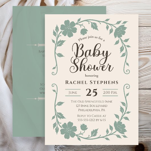 Elegant Botanical Baby Shower Neutral Sage 招待状
