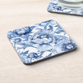 Elegant Botanical Blue Flowers Chic Floral Pattern コースター (左側)