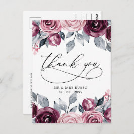 Elegant Botanical Blush Burgundy Floral Thank You ポストカード