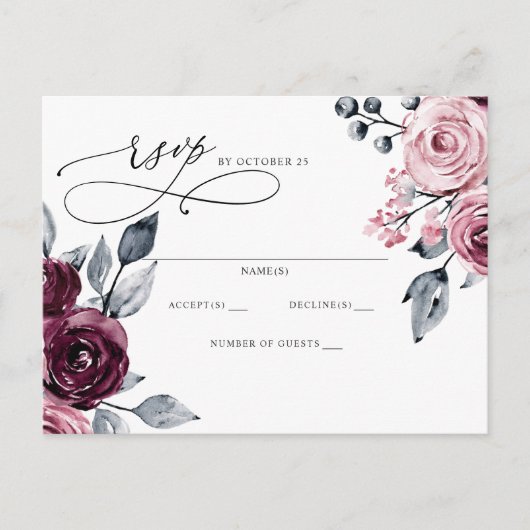 Elegant Botanical Burgundy Floral RSVP ポストカード (正面)