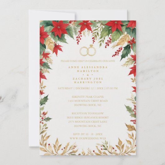 Elegant Botanical Christmas Frame Wedding Rings 招待状 (正面)