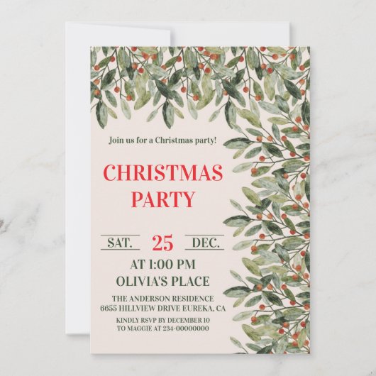 Elegant Botanical Christmas Party Invitation 招待状 (正面)