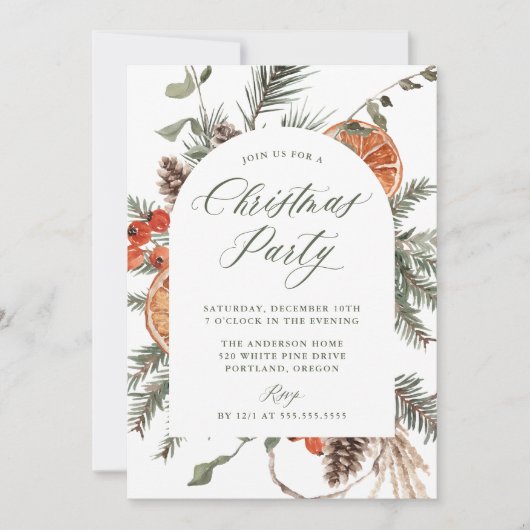 Elegant Botanical Citrus Arch Christmas Party 招待状 (正面)