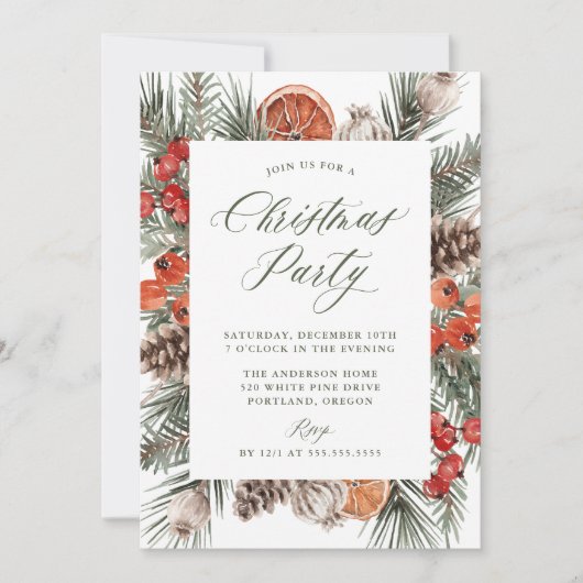 Elegant Botanical Citrus Frame Christmas Party 招待状 (正面)