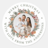 Elegant Botanical Citrus Wreath Photo Christmas ラウンドシール (正面)