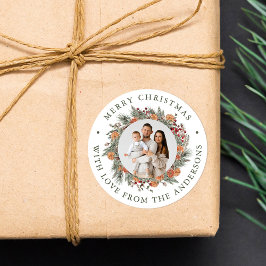 Elegant Botanical Citrus Wreath Photo Christmas ラウンドシール