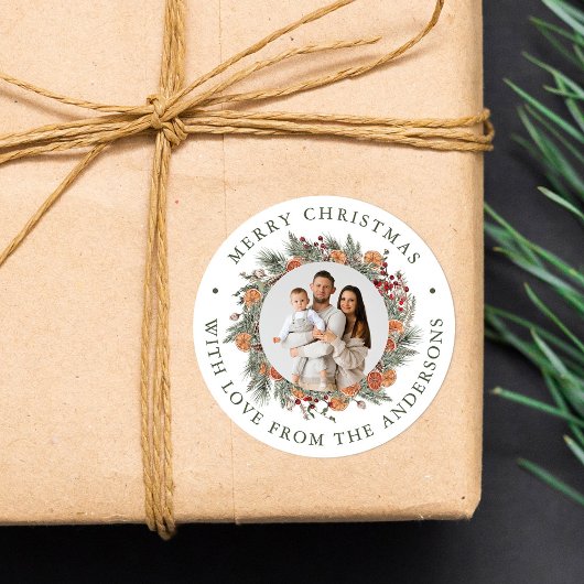 Elegant Botanical Citrus Wreath Photo Christmas ラウンドシール