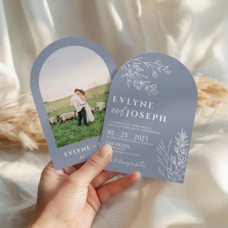 Elegant Botanical Dusty Blue Boho Arched Wedding 招待状