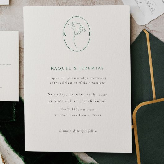 Elegant Botanical Emerald Monogram Wedding 招待状