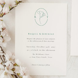 Elegant Botanical Emerald Monogram Wedding 招待状