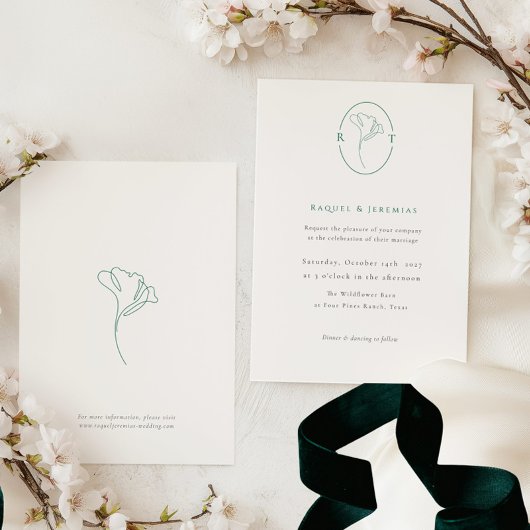 Elegant Botanical Emerald Monogram Wedding 招待状