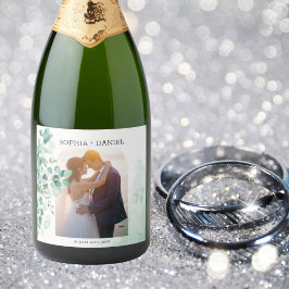 Elegant Botanical Eucalyptus Leaves Photo Wedding スパークリングワインラベル