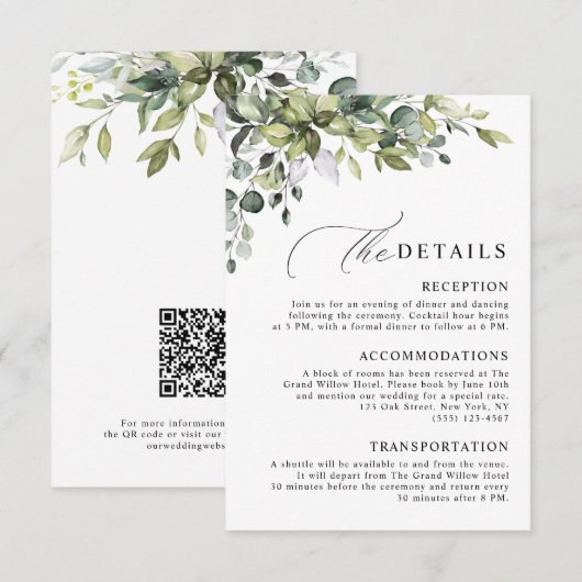 Elegant Botanical Eucalyptus QR Code Wedding エンクロージャーカード (正面/裏面)