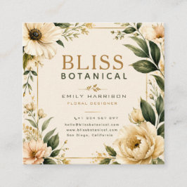 Elegant Botanical Floral Cream Green Watercolor スクエア名刺