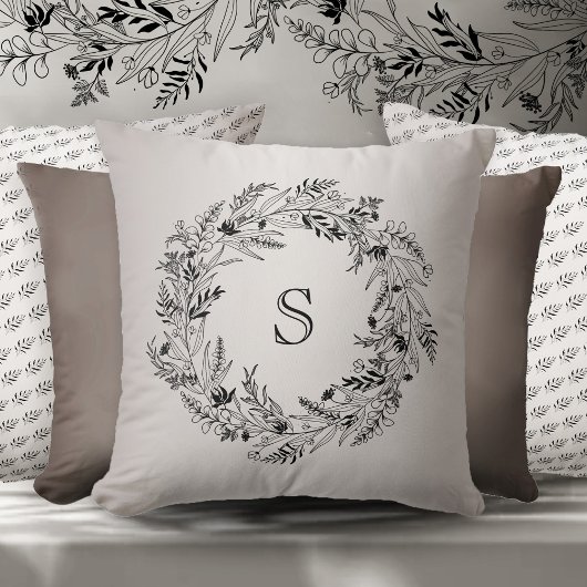 Elegant botanical foliage wreath letter S クッション