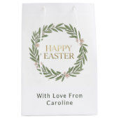 Elegant Botanical Gold Wreath Moss Green Easter ミディアムペーパーバッグ (正面)