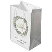 Elegant Botanical Gold Wreath Moss Green Easter ミディアムペーパーバッグ (正面アングル)