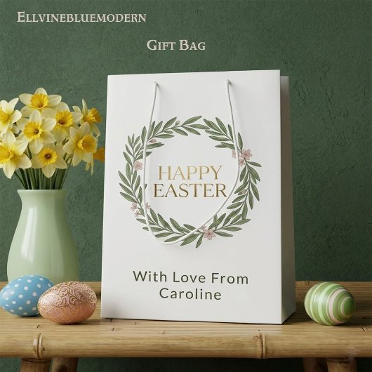 Elegant Botanical Gold Wreath Moss Green Easter ミディアムペーパーバッグ