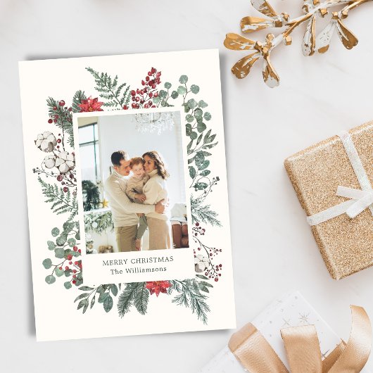 Elegant Botanical Greenery Christmas Photo シーズンカード