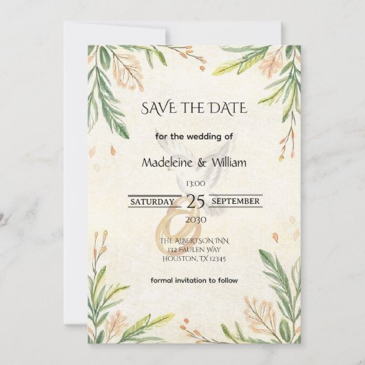 Elegant Botanical Greenery Dove & Rings Wedding セーブザデート (正面)