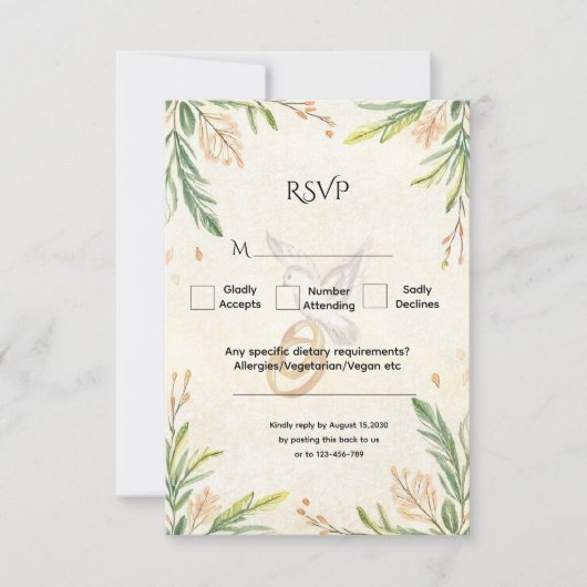 Elegant Botanical Greenery Dove & Rings Wedding 出欠カード (正面)
