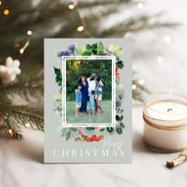 Elegant Botanical Greenery Photo Holiday Card シーズンカード
