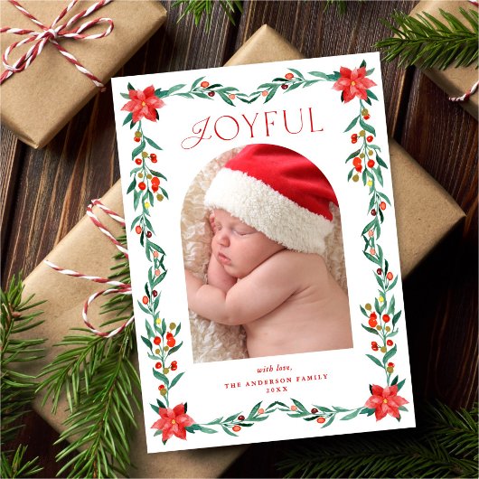 Elegant Botanical Greenery Poinsettia Frame Photo シーズンカード