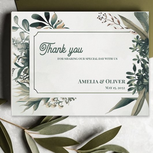 Elegant Botanical Greenery Wedding Thank You ポストカード