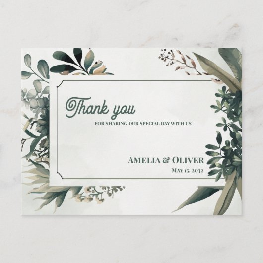 Elegant Botanical Greenery Wedding Thank You ポストカード (正面)