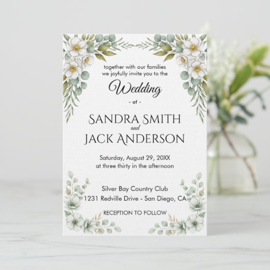 Elegant Botanical Greenery & White Floral Wedding 招待状 (スタンド正面)